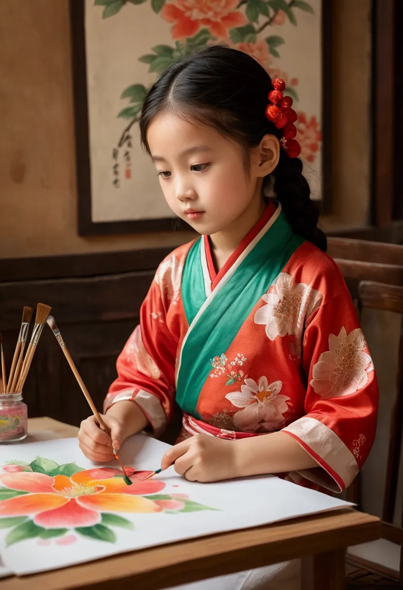 the little oriental girl is painting a warm family atmosphere. picture size 16:9