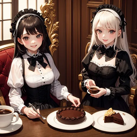 coffee break,gothic lolita,victorian era,gothic ,one girl,smile，chocolate cake