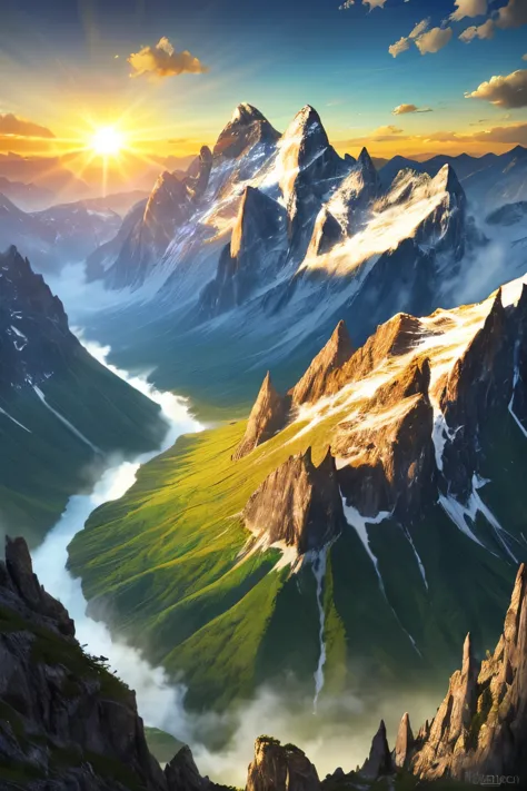 landscape，sun，mountain，masterpiece，hope，positive，beautiful，high resolution, high resolution, 8k, masterpiece2:1,