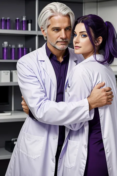 a white haired man, very high, blue eyes, in a lab coat hugging a woman, dark purple hair, dark purple eyes and short medium hei...