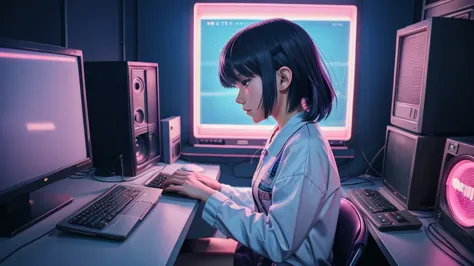 anime girl sitting at a desk with a laptop and a keyboard, lofi artstyle, lofi girl, lofi art, lofi vibes, lofi feel, lofi portr...