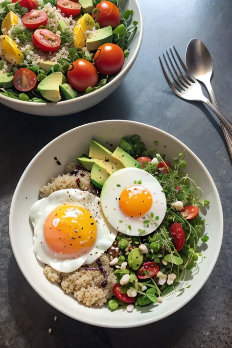 healthy breakfast bowl: a colorful breakfast bowl filled with quinoa, avocado slices, cherry tomatoes, poached eggs, and a sprin...