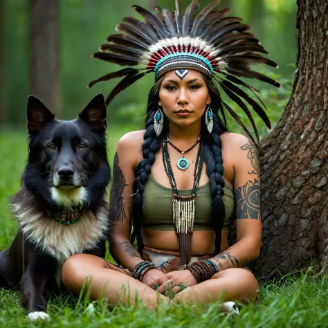 realistic image of a beautiful native american woman, alone, with long hair, looking at the viewer, black hair, brown eyes, jewe...