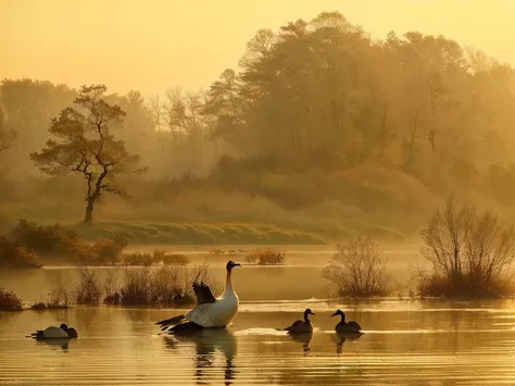 鸭子和goose在湖中游泳，background with trees, fog and 天goose over the river, 天goose, black 天goose, in the misty pond, award winning natur...