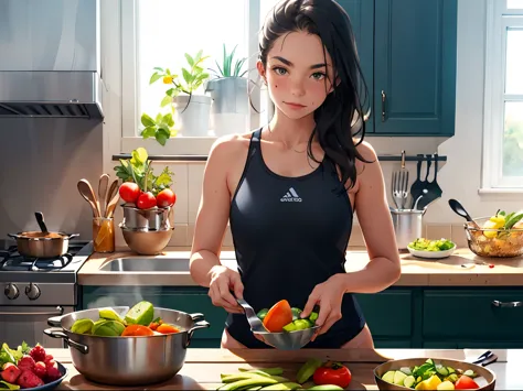 health-conscious teenage girl wearing exercise clothes cooking healthy meals in a minimalist kitchen there are raw vegetables an...