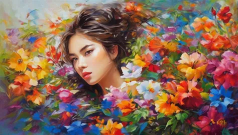 girl in the flower, colorful, ภาพวาดoil color, crazy color, oil color, high quality, highly detailed