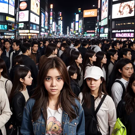 "a young woman of 23 years old with brown hair and big eyes stands in the center of the famous shibuya pedestrian crossing, such...