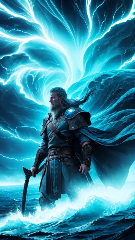 image description

a viking warrior during a storm reaching the critical point of ocean blue shown as lightning yellow fractal s...