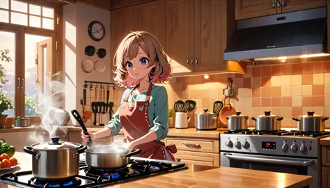 a girl cooking in a kitchen,a toy poodle at her feet,beautiful detailed eyes,beautiful detailed lips,extremely detailed eyes and...