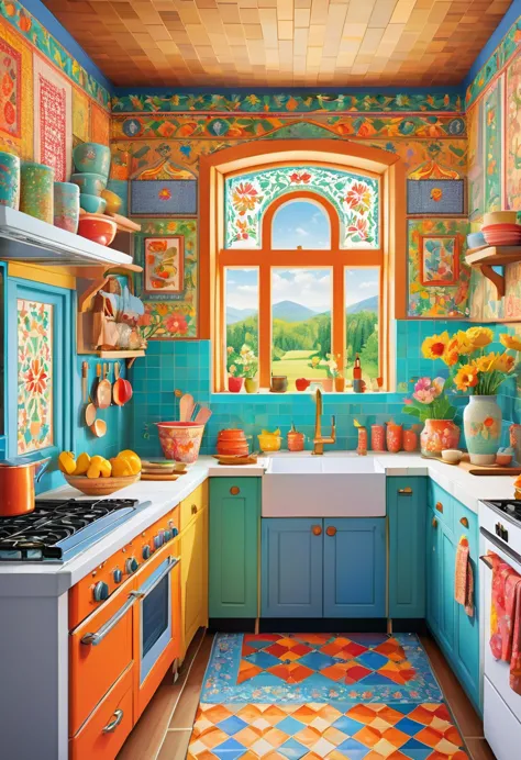 luxury interior of a kitchen, in the style of folk art - inspired illustrations, patterned paperclippings, detailed, flowers, in...