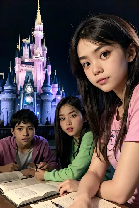 imagine 3 teenagers aged 14 to 17, 1 boy with american features and two girls, one asian and one european, at disney having fun ...