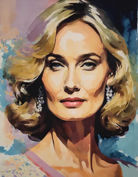 portrait of jessica lange celebrity using simple shapes and a limited color palette multiple figures vintage style 1970's