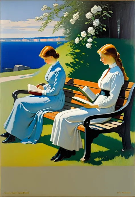 painting of two women sitting on a bench reading a book, russian academic painting, girls resting, by aurél bernáth, by isidor k...