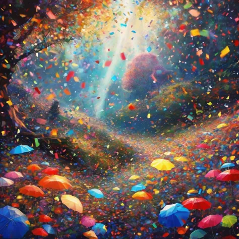 bright confetti falling, a stunning kaleidoscope of colorful confetti, dark fantasy world, be enchanted by the dark and fantasti...