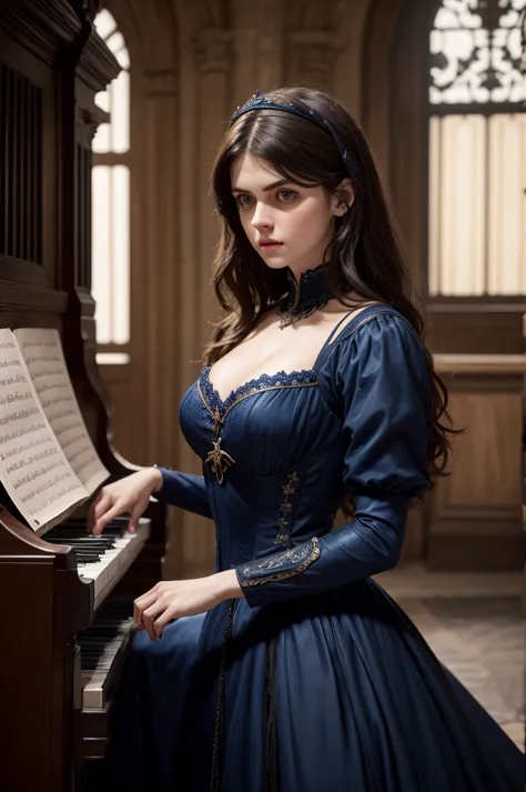 create alexandra daddario with 1 beautiful dark blue medieval dress, playing 1 old piano