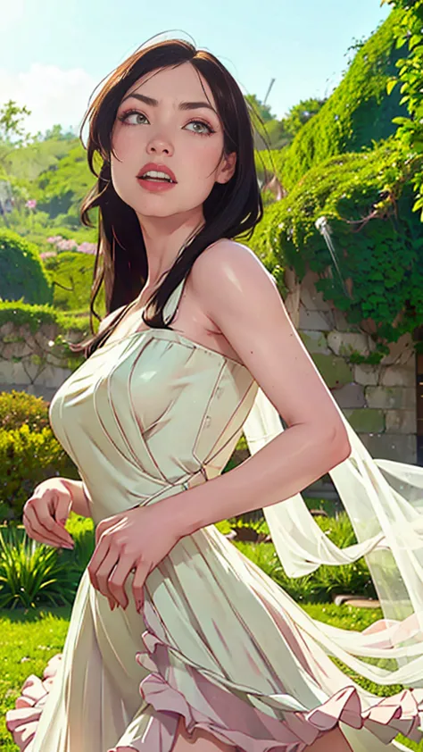 a beautiful woman with emerald green eyes, flowing black hair, wearing a stunning white wedding dress, standing in a lush garden...