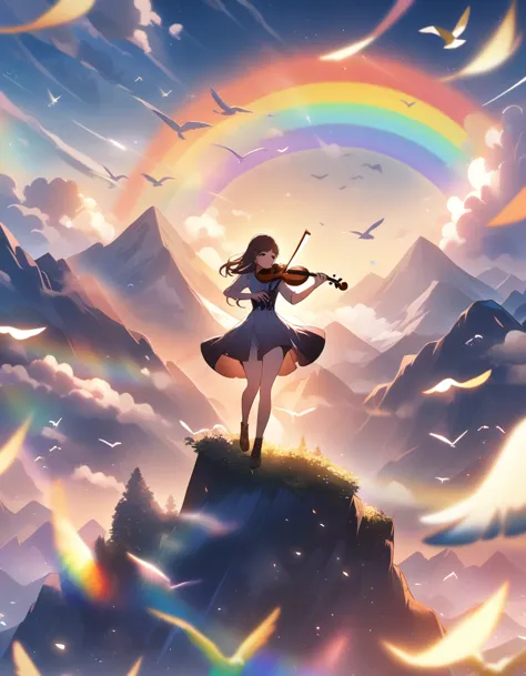 girl playing violin, evening, rainbow, bird, ultra high definiton, mountain