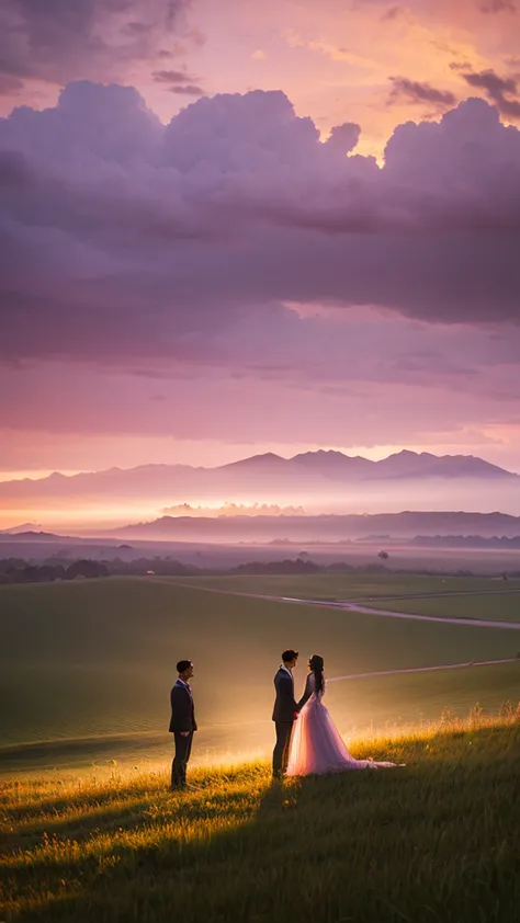 highest quality、landscape painting、a man and a woman are standing together on a vast grassland、morning glow、light purple sky、daw...