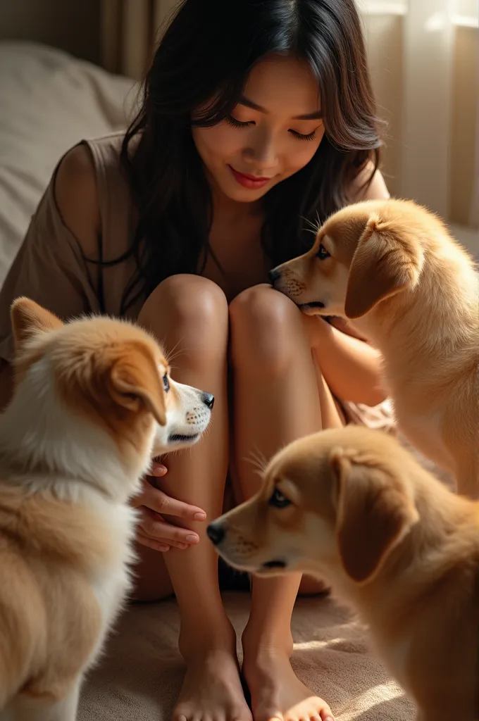 asian dark skin young woman getting her feet kissed by dogs