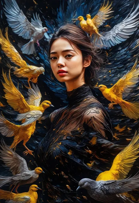 rough surface, oil on canvas style, delicate face, upper body, a girl, a girl in a black dress, big bird wings, fluttering, surr...