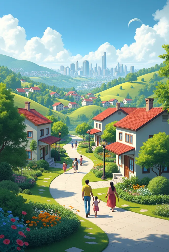 create a landscape of good and clean community, has peoples, houses, bushes, flower and a good city.