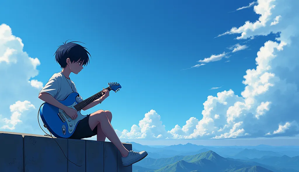 anime boy sitting on a ledge playing a blue electric guitar, anime art wallpaper 8k, anime art wallpaper 4k, anime art wallpaper...