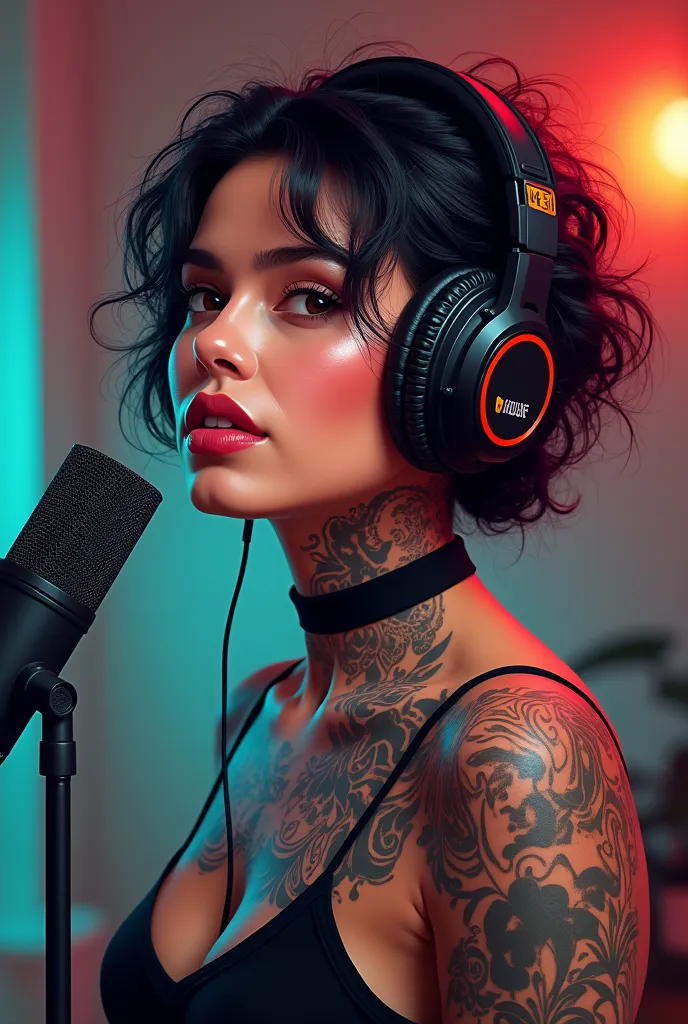 create an image of a mexican youtuber who has tattoos, that he has headphones on his head and is speaking into a podcast microph...