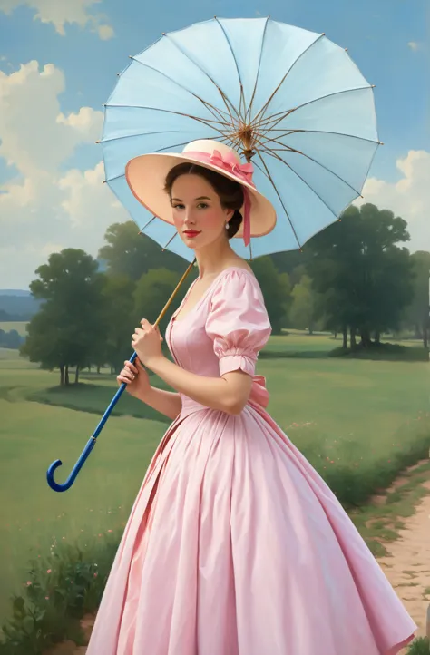 painting of a woman in a pink dress and hat holding a blue umbrella, inspired by henriette wyeth, painterly illustration, inspir...