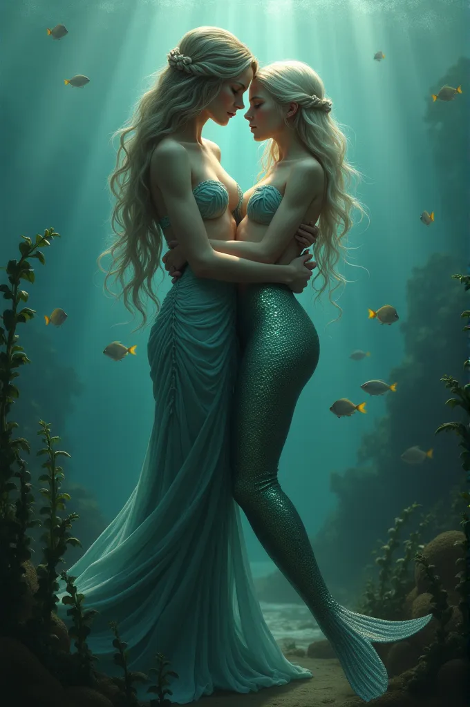 sad mother and daughter, greek mythology, they are both mystical mermaids, with mermaid tail