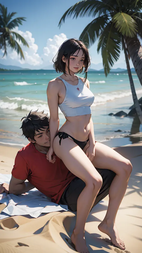 a young couple is sitting on the beach and romancing. the woman is wearing short sexy clothes and her hips are large. coconut tr...