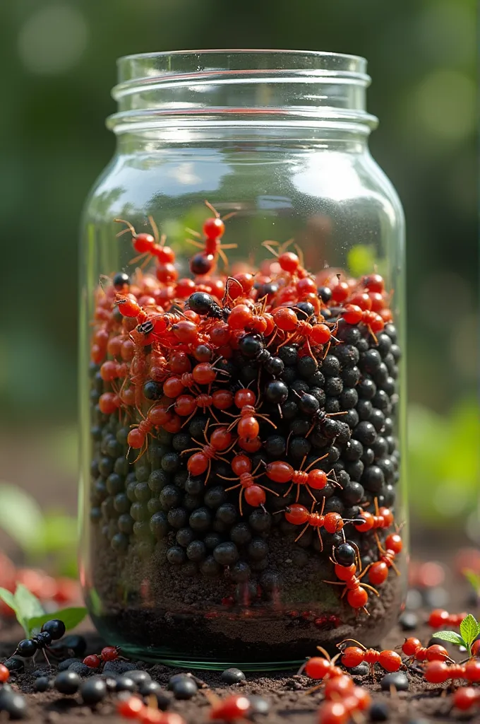 100 red ants and 100 black ants in a jar