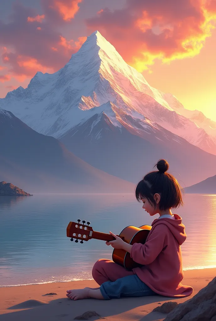 mountain everest beach sunset and baby girl play guitar