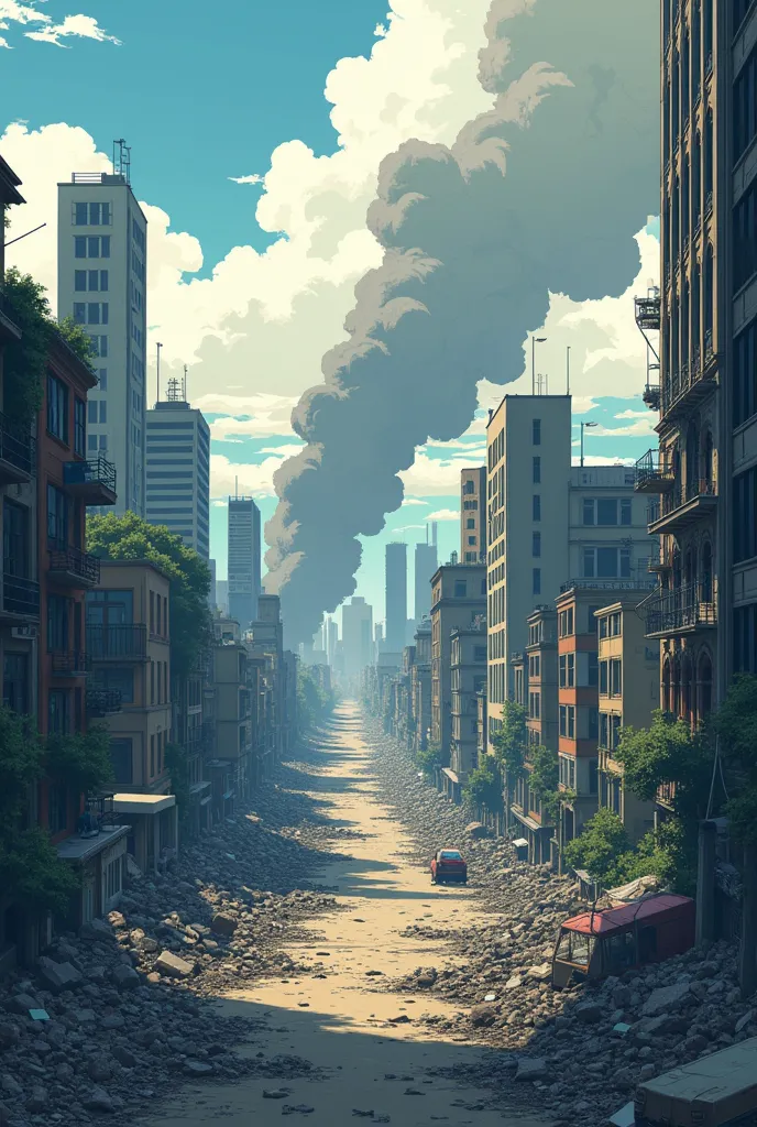 i want a background of a city destroyed by war, but the background style is simple manga anime