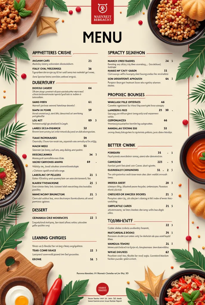 menu for a restaurant with many products