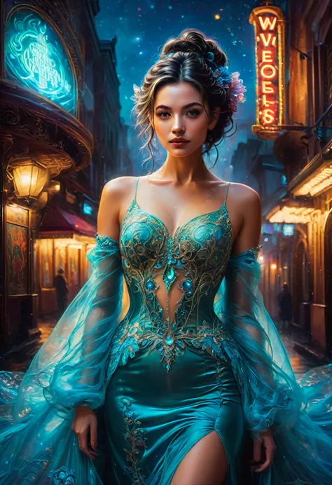 evening dress, theater, by gerald brom and brandon woelfel, best quality, masterpiece, very aesthetic, perfect composition, intr...