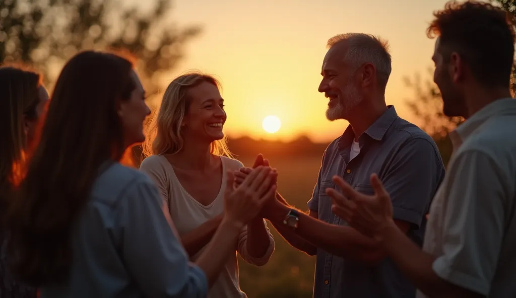 create a highly realistic image of a group of people gathered in a serene, outdoor setting at dusk, as the last light of day fad...