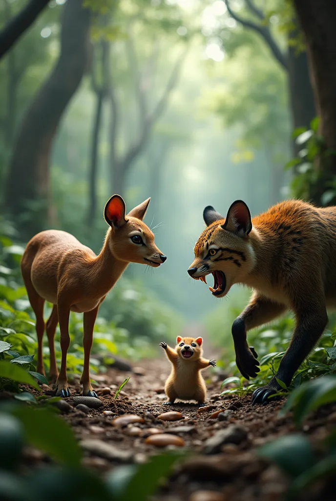 pudu, hurt, güiña and chingungo exploding in a forest