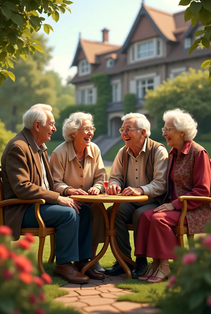 i want realistic four characters in one frame setting in the garden two old mans and two old womens and face expression is happy...