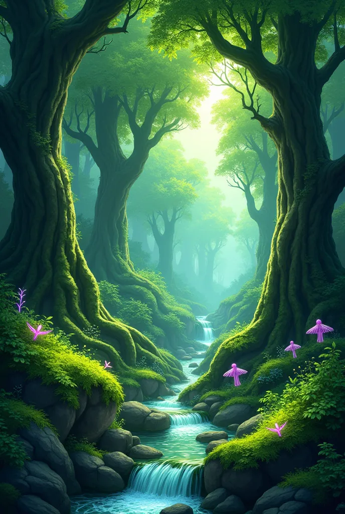 "generate a highly detailed and immersive illustration of a mystical green forest, perfect for a gaming home screen. the scene s...