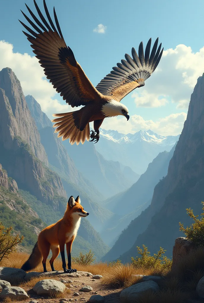 a condor flying and above a fox holding