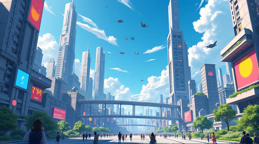 make a beautiful anime city on day time but year is 2099