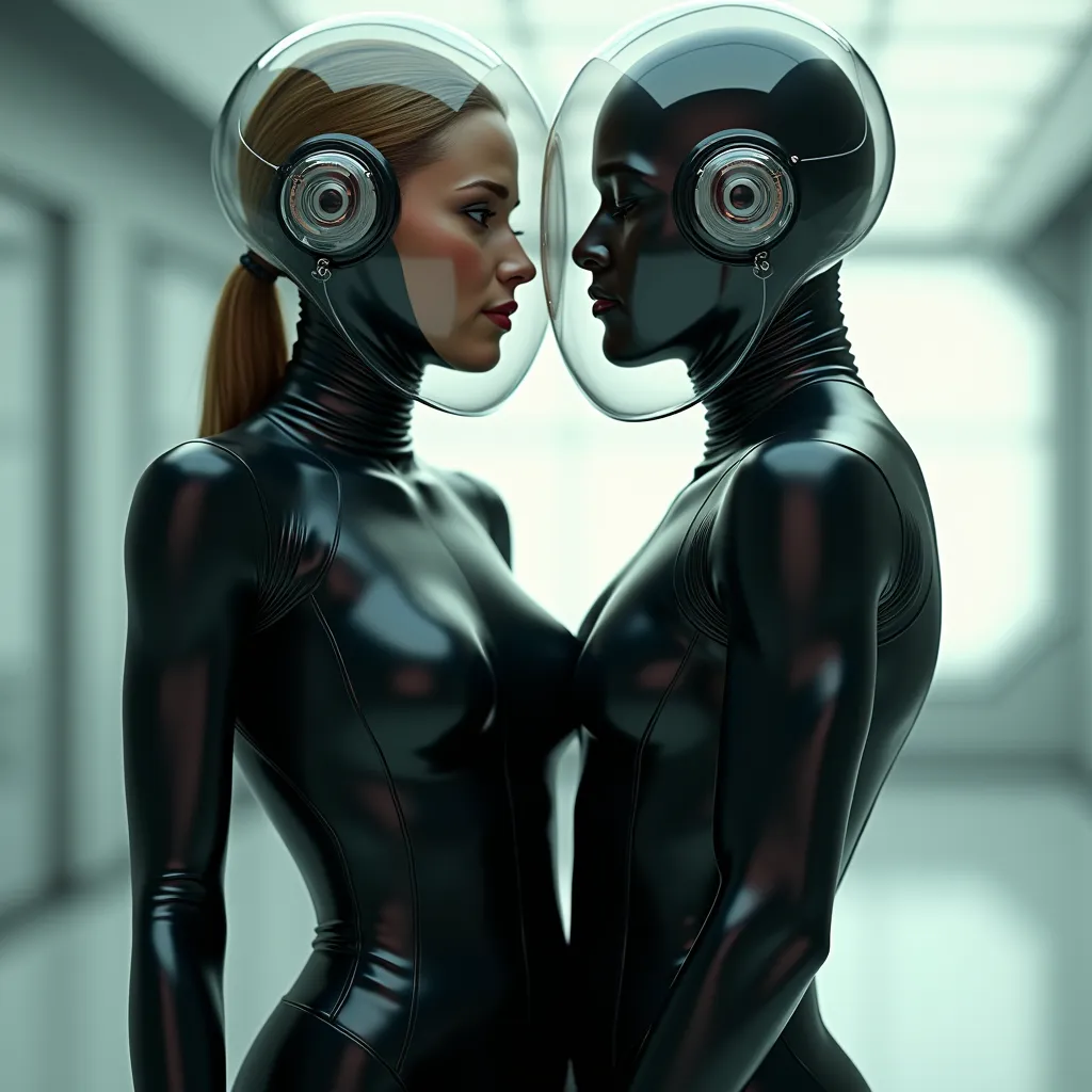 girl in latex catsuit and bubblehelmet dates a guy in latex and bubblehelmet