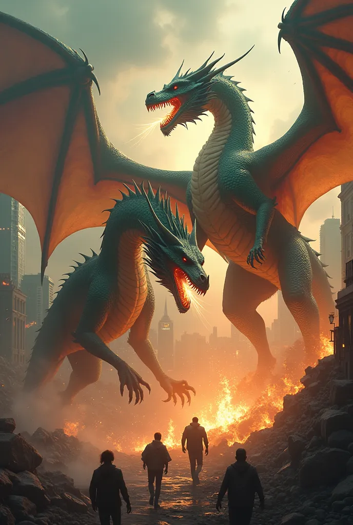 two dragons fighting and destroying an entire city