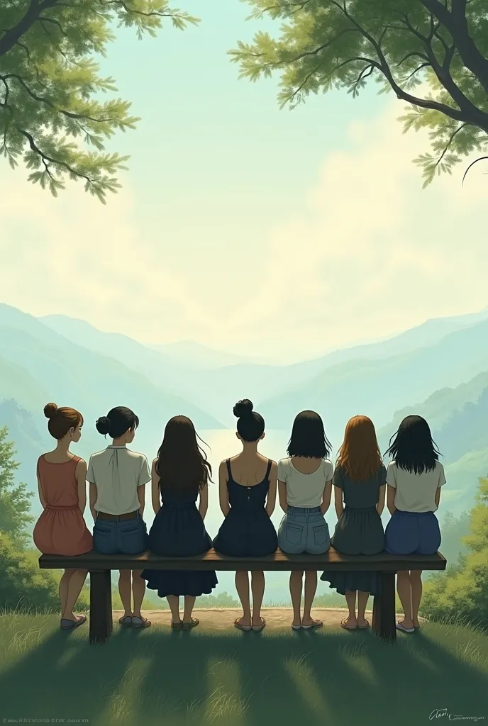 eight ladies sitting on a bench with their backs to the photo looking at the horizon