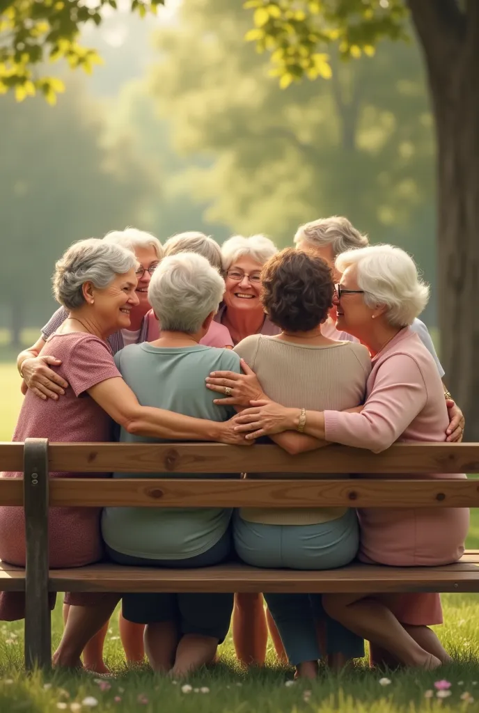 eight friends mulheres de 60 anos se abraçando umas as outras sentadas em um banco de costas para a foto, eight friends