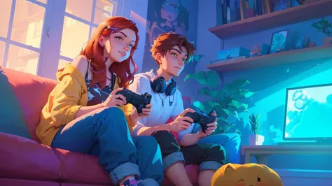 cartoon illustration of a couple sitting on a couch playing video games, inspired by lois van baarle, playing games, fanart de v...