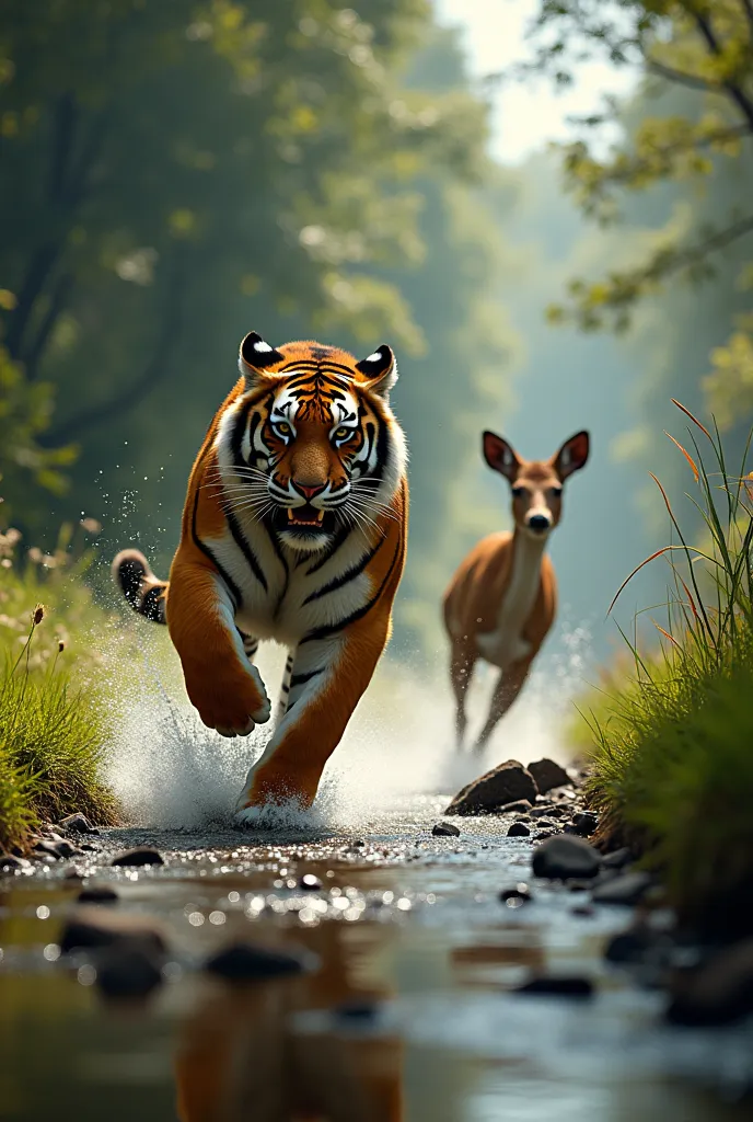 a tiger run to deer in river realistic picture