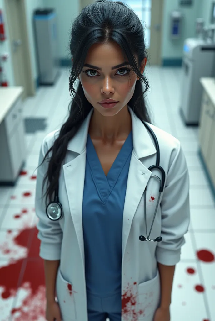 create a realistic 3d image of a  indian female doctor and blood stains on her apron and the floor