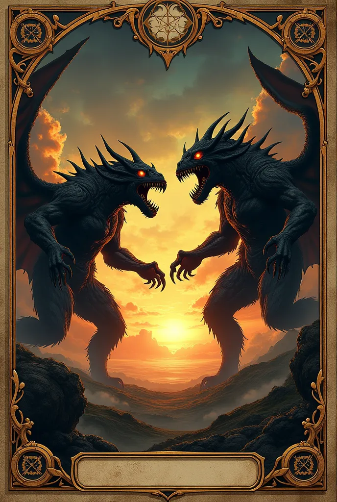 two monsters fighting, above the horizon, vintage_style, meisterwerk, tarot_card_style, retro_poster, tarot card