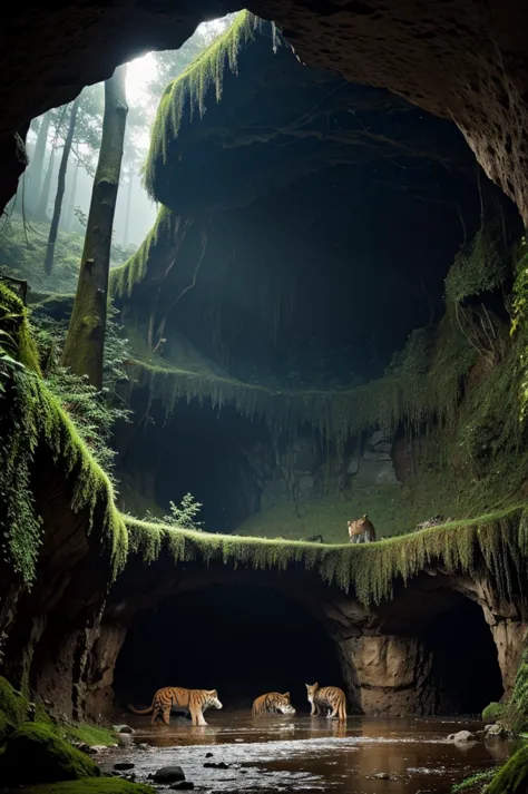 a cave with a forest and rain outside, and wolves and tigers inside.